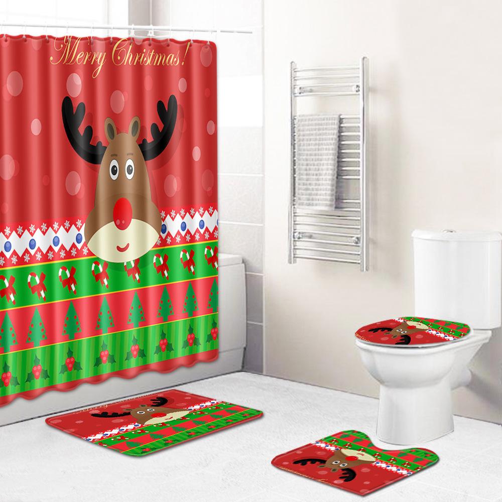3D Digital Printing Christmas Waterproof Shower Curtain Four-Piece Bathroom Non-Slip Door Mat Toilet Absorbent Floor Mat Carpet