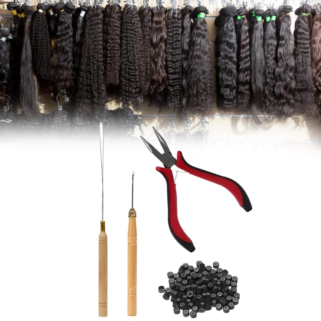 4pcs Hair Wig Plier Curved Tip Wooden Hook Needle Silicone Rings Hair Extension Tools Black