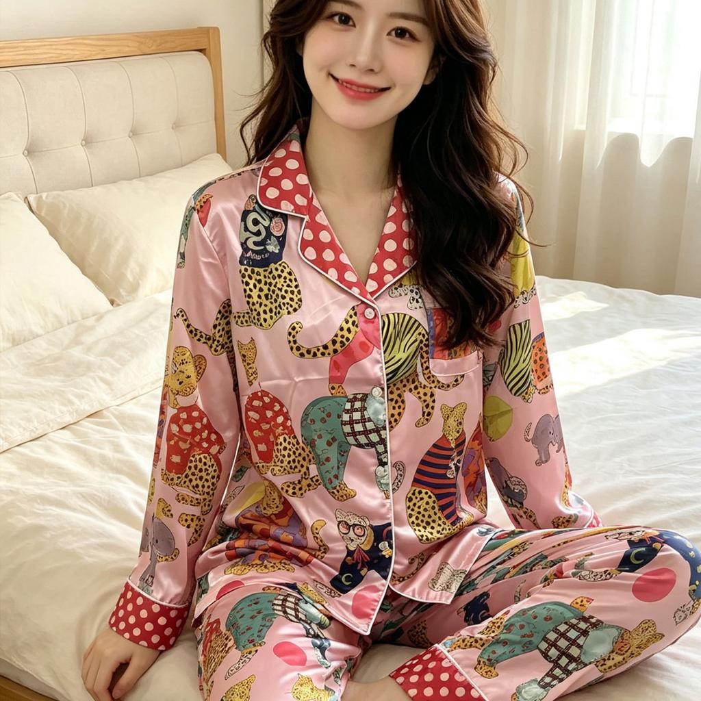 Simulation silk spring and autumn long-sleeved cartoon leopard lapel cardigan loungewear pajama set, women's model