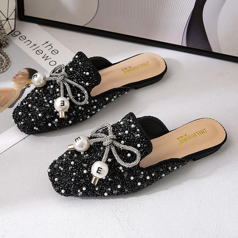 Duży rozmiar damskie buty cyrkonie kokarda baotou pół-klapki perłowe buty damskie letnie do noszenia na zewnątrz modne sandały do noszenia na zewnątrz wróżkowe