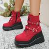 Fashion Wedge Cotton Boots Winter New Round Toe Front Lace-Up Rivet Metal Buckle Platform Anti-Slip Wear-Resistant Short Shoes