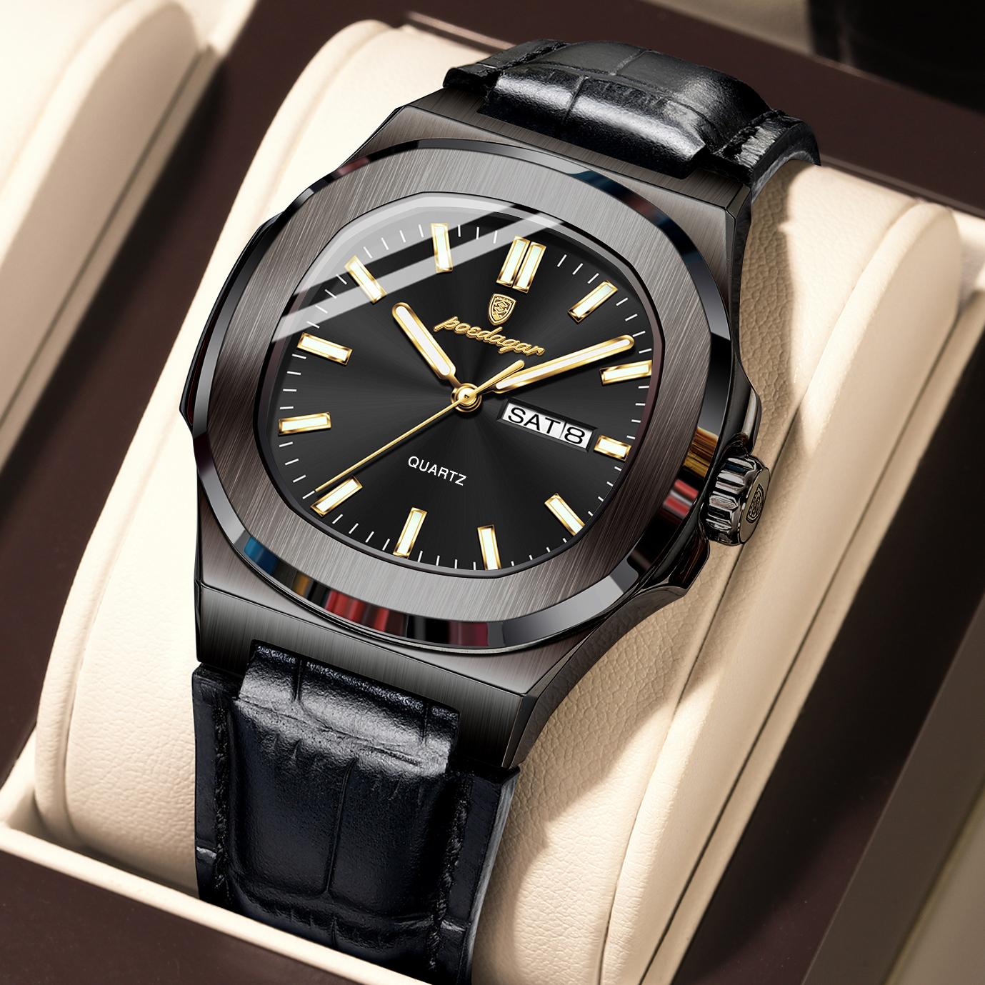 

POEDAGAR High Quality Watch for Men Luxury Luminous Waterproof Week Calendar Clock Leather Square Quartz Watches Reloj
