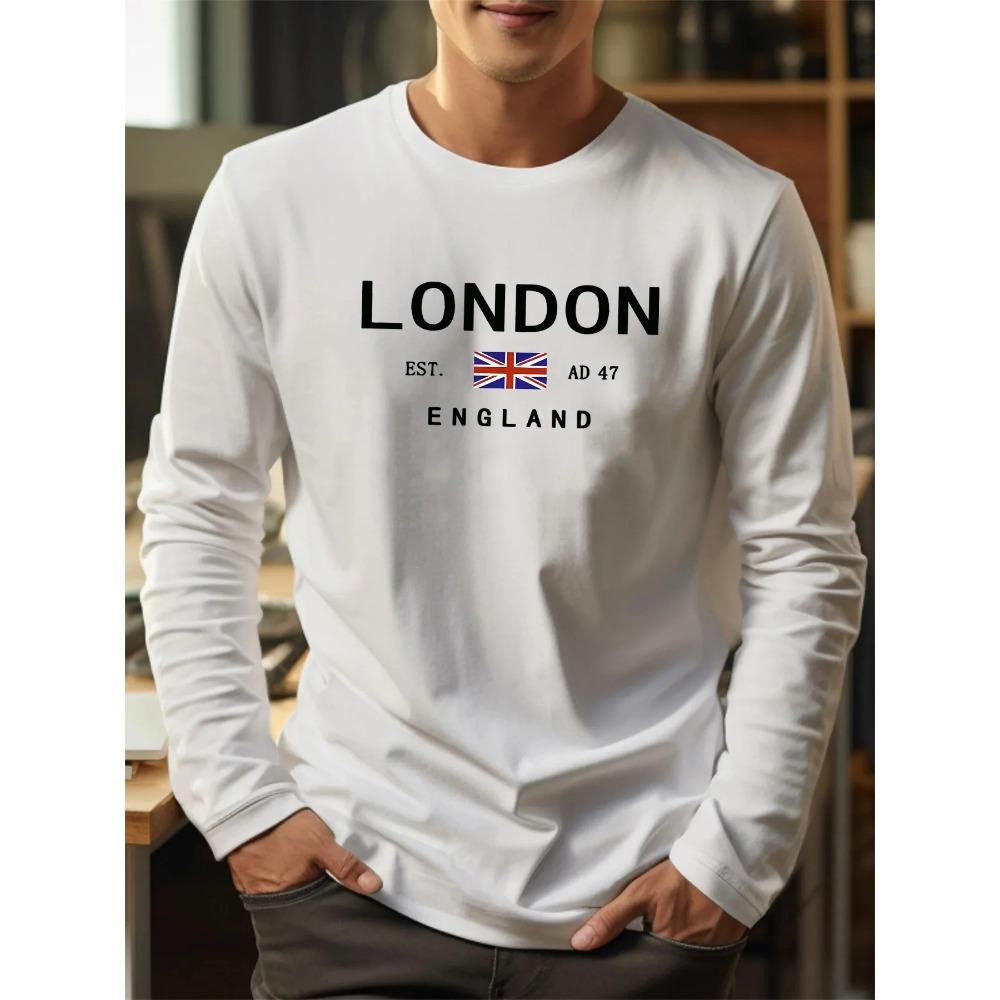Spring and Autumn Round Neck 3D Letter London Printed Top Fashionable Casual Long Sleeved Men's T-shirts