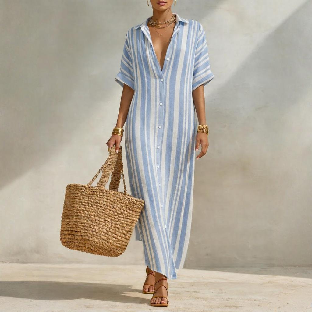 Ladies' Casual And Fashionable Loose Striped Shirt Dress