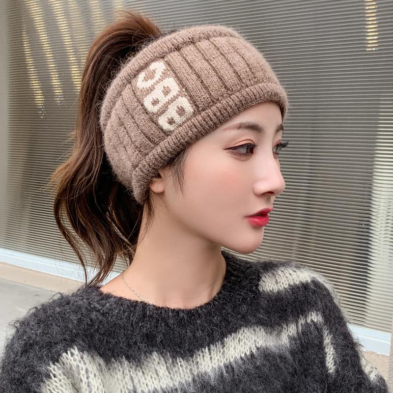 Korean Style Winter Knitted Wool Hat Women's Internet Celebrity Japanese Sports Bag Head Hat Empty Top Ponytail Hat Headband Pullover Hat