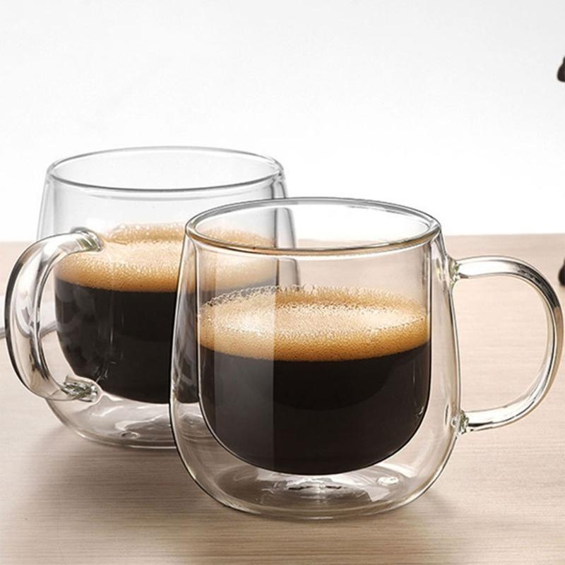 Elegant Double Layer Coffee Cup Decorative Transparent Drinkware with Handle High Borosilicate Glass Glassware