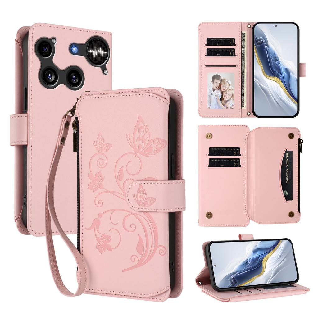 For Nothing Phone (3) 5G Leather Case Butterfly Floral Imprint Zipper Wallet Stand Cover with Wrist Strap