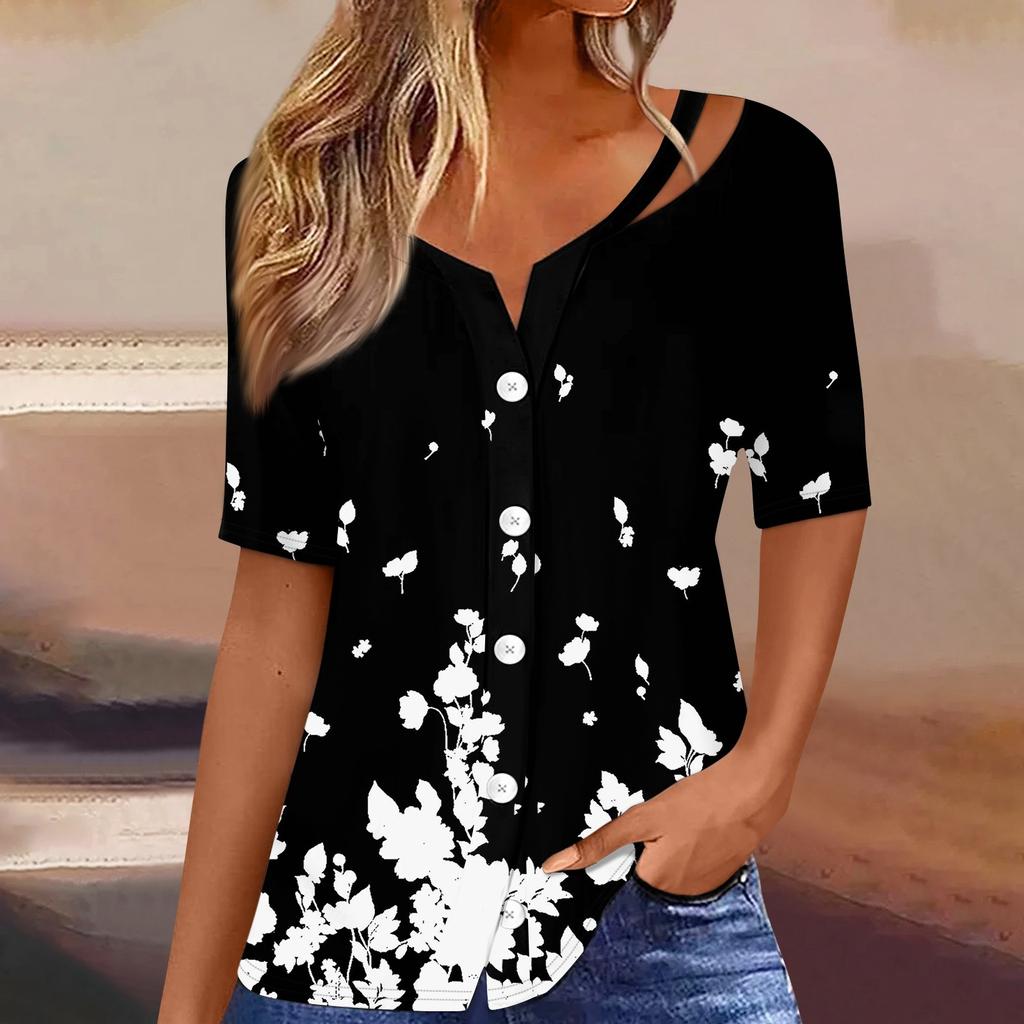 Damen T-Shirt mit Aufdruck, kurzärmelig, V-Ausschnitt, Knopfleiste, Strickjacke, T-Shirt, Top