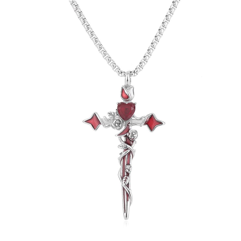 Оригинальный дизайн, нишевое колье с розовым сердцем и крестом, новая осенне-зимняя цепочка для свитера с шипами, высококлассный крутой тренд Steel Color60CM+5CM