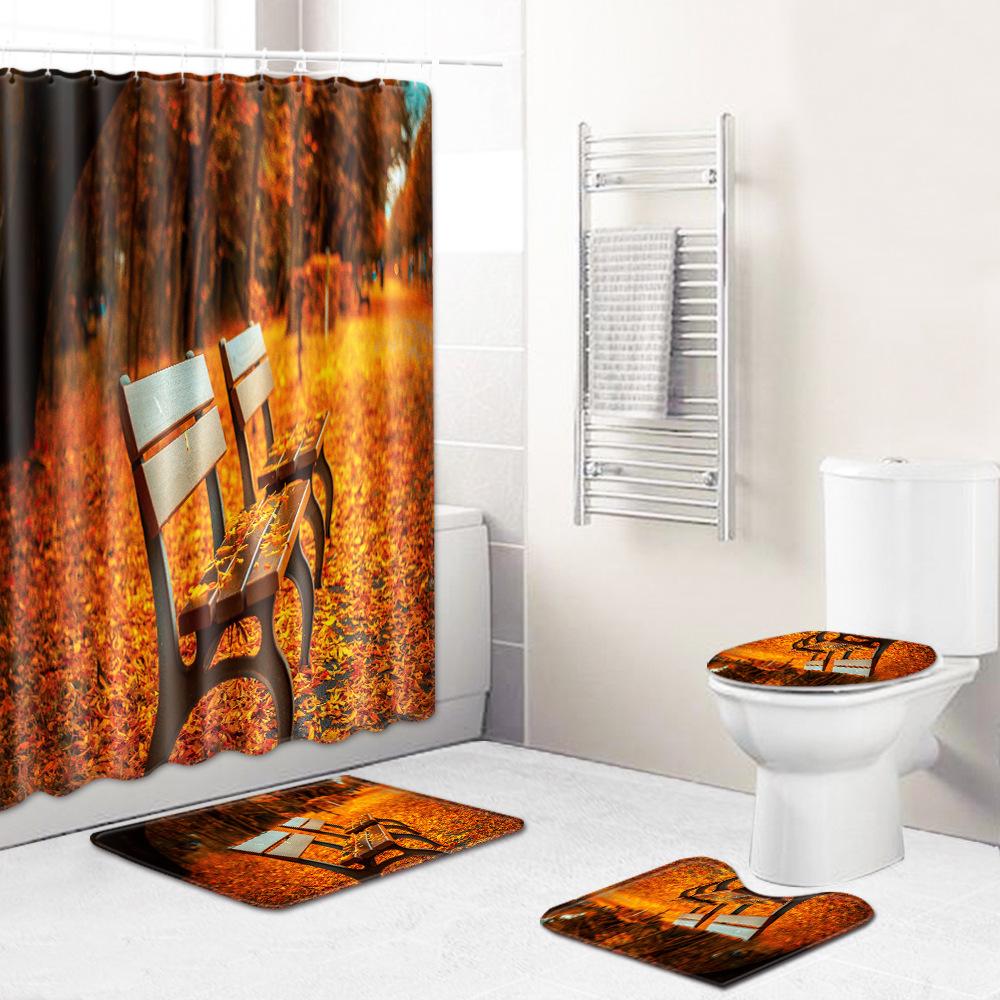 Scenic Shower Curtain Floor Mat Combination Four-Piece Set Bathroom Toilet Carpet Shower Room Mat Doormat