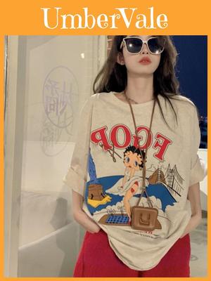 Vintage American Style T Shirt For Women With Cotton Material And Cartoon Print For Summer Casual Wear