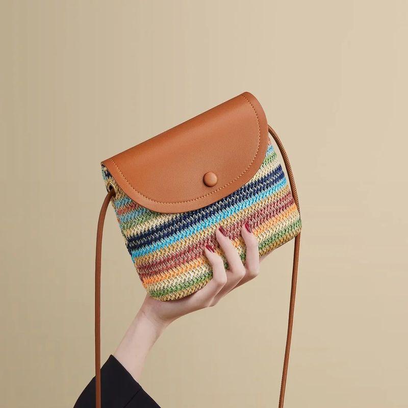 

2025 New Women s Bag Shoulder Small Bag Rainbow Woven Bag High Sense Mobile Phone Shoulder Bag Bucket Bag Square Sling Bag Paragraph A