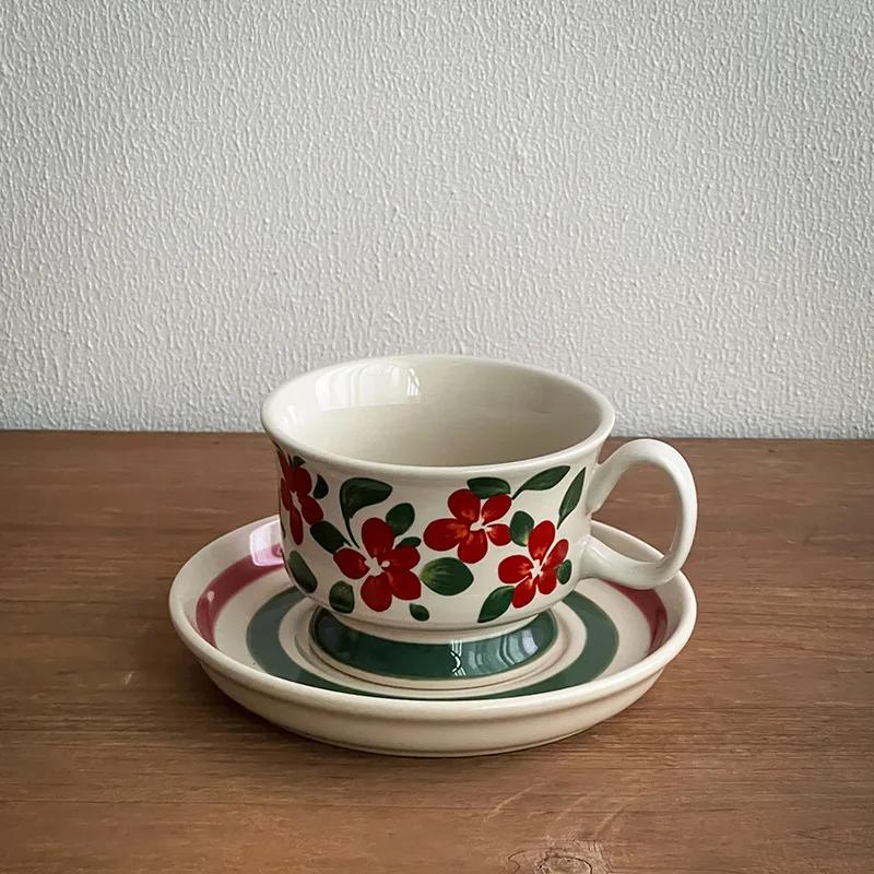 

Coffee Cups Retro Finnish Cup Afternoon Tea Mug Flower Tea Mug Vintage Water Cups Hand Drawn Ceramic Coffee Cup and Dish Set 220ml