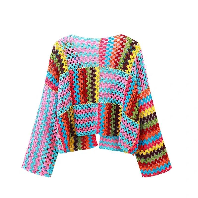 

Осенний кардиган крупной вязки в радужную полоску – Свободный крой, Женское пальто-свитер большого размера