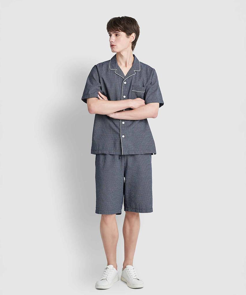 Jaju Men'S Seersucker Pattern Knee-Length Pajama Set_Light Navy