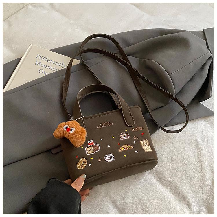 Cute Cartoon Embroidery PU Leather Women's Shoulder Bags Retro Versatile Ladies Crossbody Bag Casual Solid Color Female Handbag
