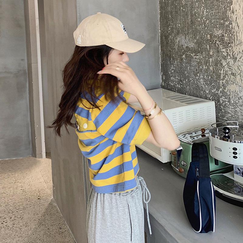 

Женский топ с коротким рукавом и поло-воротником в черно-белую полоску, 2025 2XL (Recommended 120-140 Jin) жёлтый