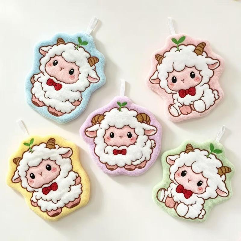 Cute Sheep Shaped Hand Towel Super Absorbent Soft Coral Fleece With Loop For Bathroom Kitchen Use