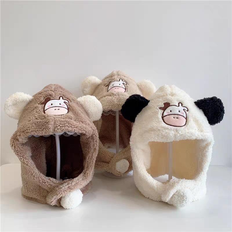 Cartoon Lamb Wool Baby Winter Warm Pullover Hat Boys and Girls Cute Little Cow Shape Plush Bag Hat