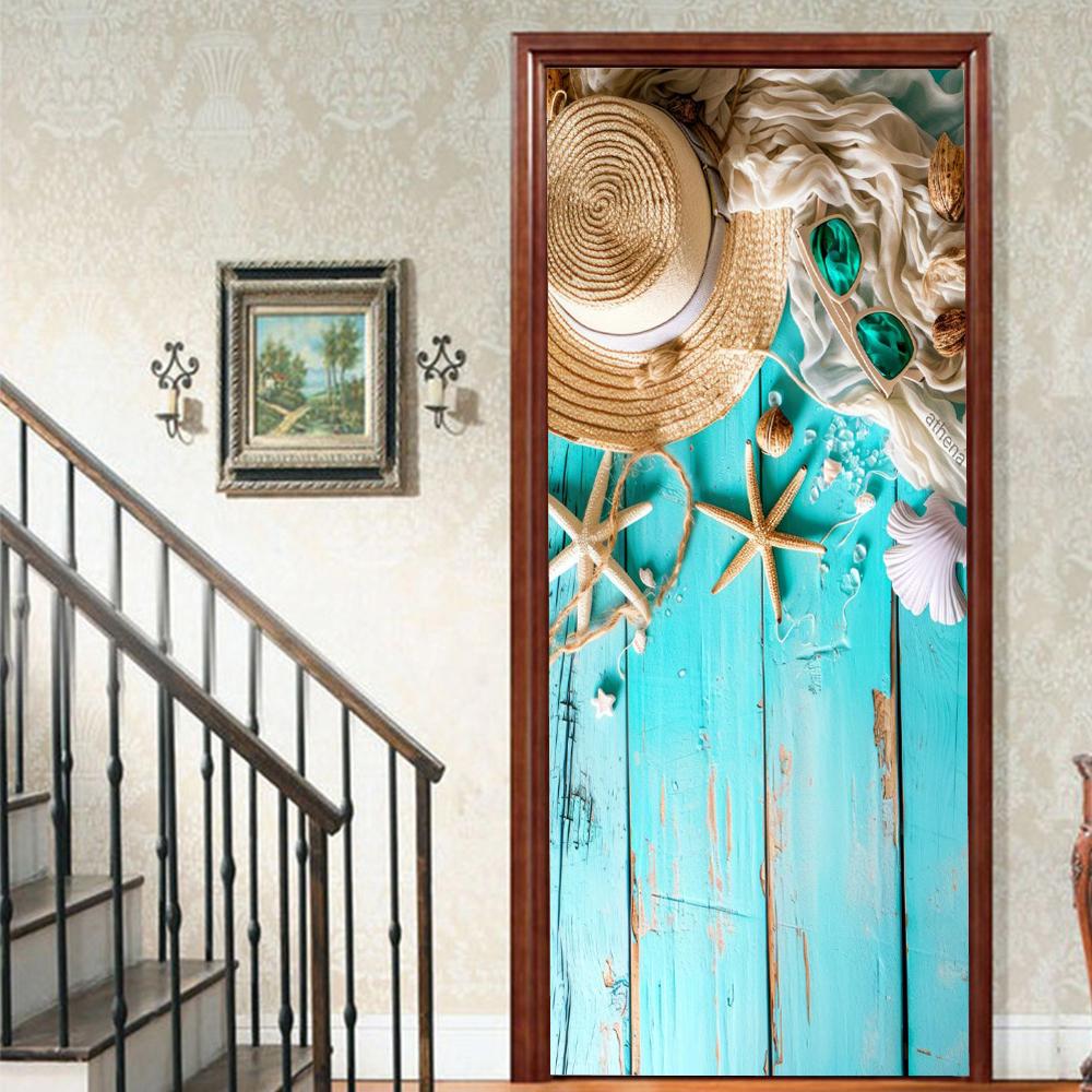 1pcs Porch Beach Scenery Shell Vinyl Door Sticker For Bedroom Home Decor Self Adhesive Removable Wall Decal Door Renovation Waterproof Poster
