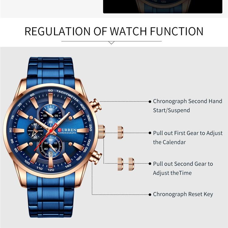 CURREN Ceas cu curea din oțel Calendar simplu, cadran mare, ceas de afaceri, rezistent la apă, moda bărbaților