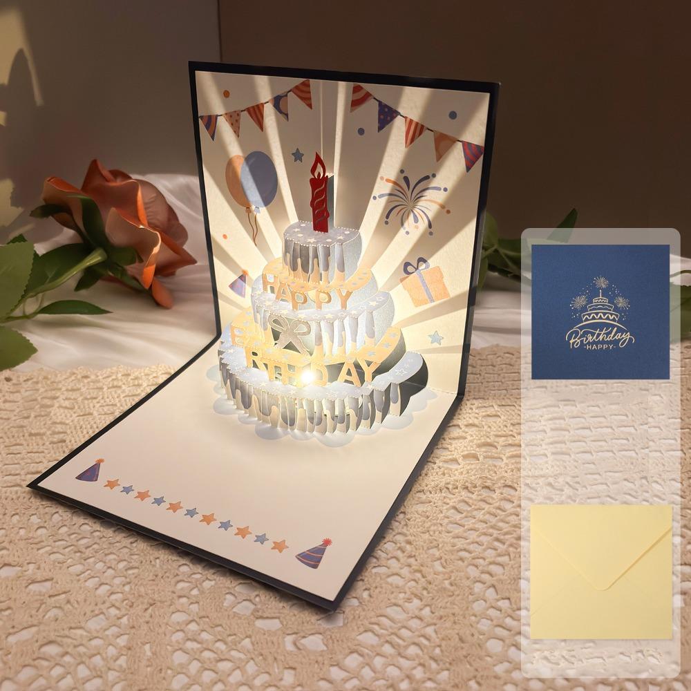 Alles Gute zum Geburtstag 3D Musik Leuchtende Karten mit Umschlag Musik Licht Leuchtender Kuchen Grußkarte Faltbare Pop-Up Geburtstagskarten
