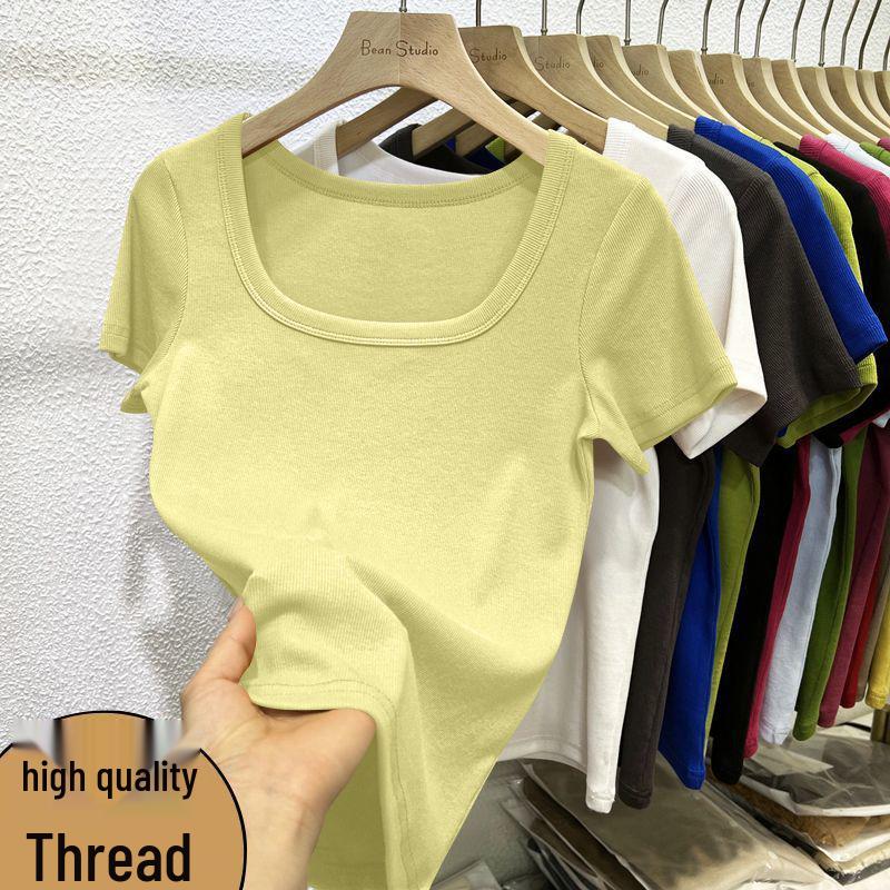 2025 Summer Trendy Plus Size Square Neck Slim Fit Short Sleeve Women's T-shirt