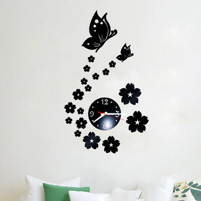 

Зеркальные 3D Наклейки на Стену Часы Бабочка Цветок Съемный Декор Дом чёрный