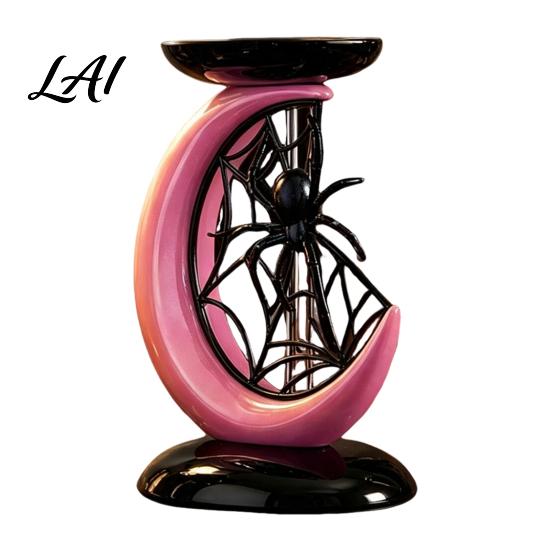 Cool Girly Room Decor Halloween Pink Moon Spider Candle Holder Sweet Dark Aesthetic Tray for Aromatherapy Stand Pillar Candles Gothic Resin Tabletop