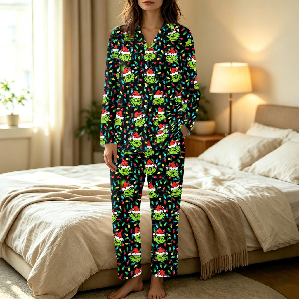Women's Casual Long Sleeve Set with Pants, Holiday Print, Comfortable Loungewear for Home