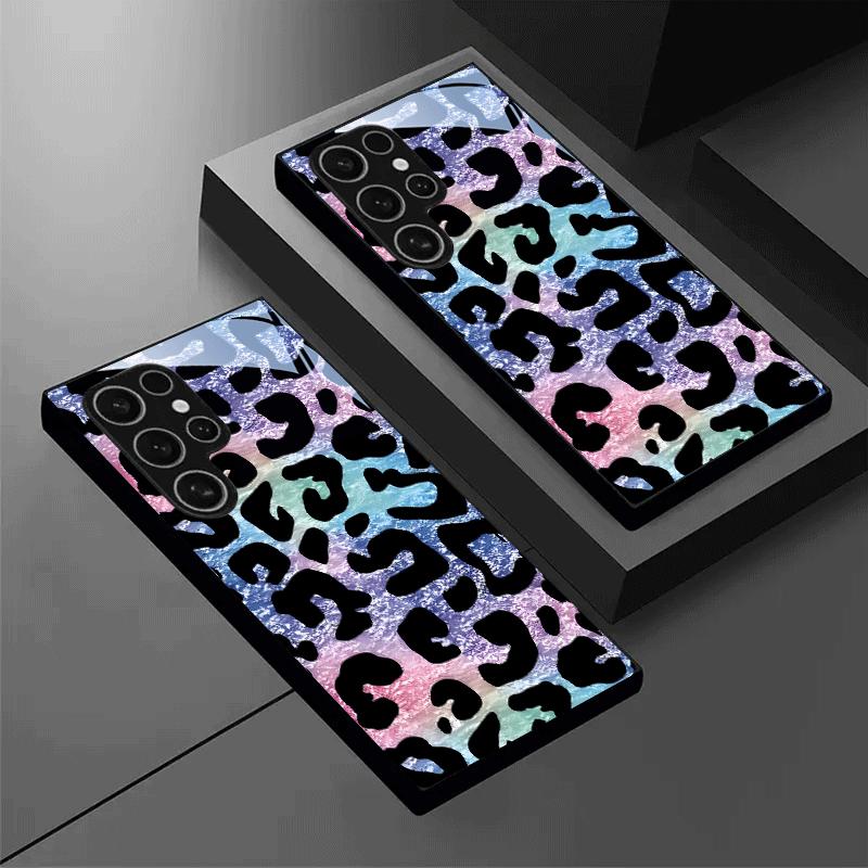 Leopard Print Gradient Tempered Glass Phone Case Suitable for Samsung Galaxy S26 S25 S24 S22 S21 S20 FE/Ultra/Plus Anti Drop