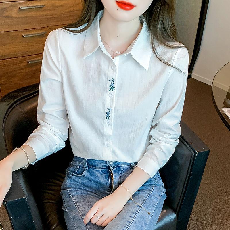 Women's Blue Shirt Autumn New Style Versatile Embroidered White Shirt Long Sleeve Top