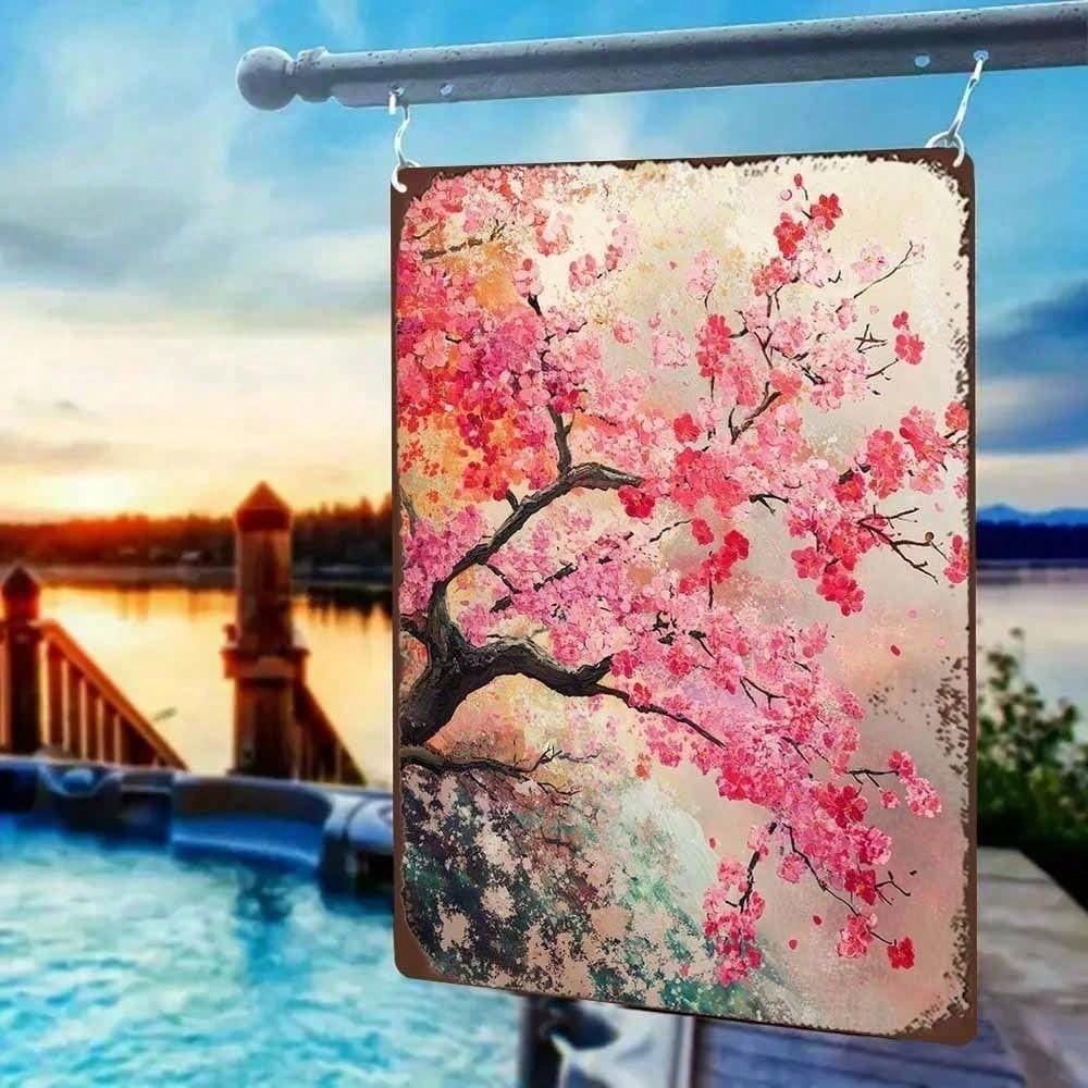 Vintage Cherry Blossom Metal Sign 12x8 Retro Floral Wall Art, Home Decor Gift