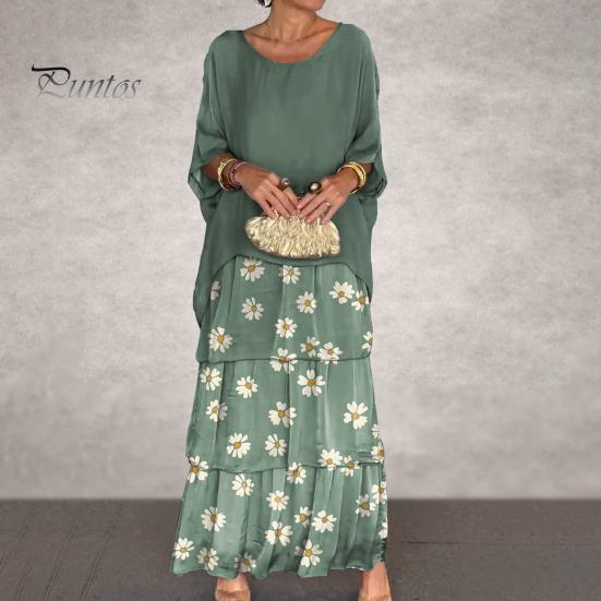 Abendkleid, mehrlagiges, verstreutes Kuchensaum, Kontrastfarbdruck, Maxikleid mit halblangen Ärmeln, Fledermausärmeln, weites Chiffonkleid mit Rundhalsausschnitt für Party und Abschlussball