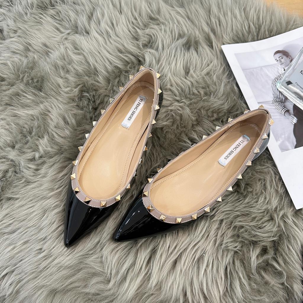 Shallow Mouth 3 Cm Rivet Nude Pointed Soft Patent Leather French Temperament Single Shoes Women's Versatile Commuter Women's Shoes