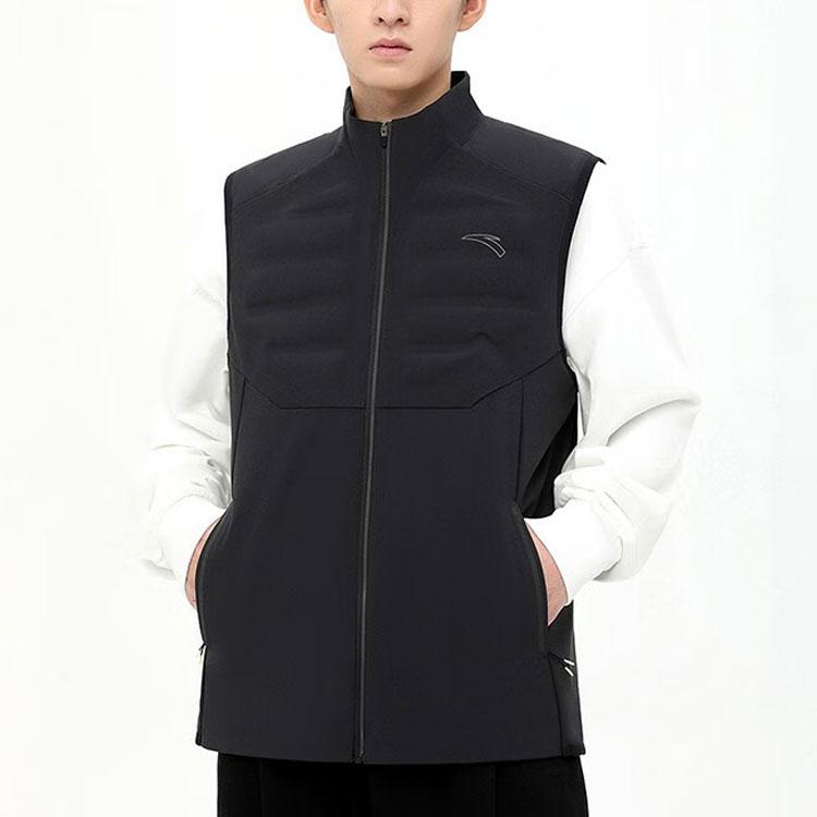 Anta Running Series Solid Color Zipper Stand Collar Sleeveless Thickened Down Vest Men Vests Basic-Black 152345901-3
