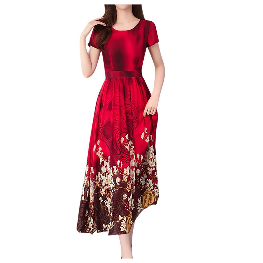 Women Fashion Summer Lady Elegant Short Sleeve Retro Printing Dress