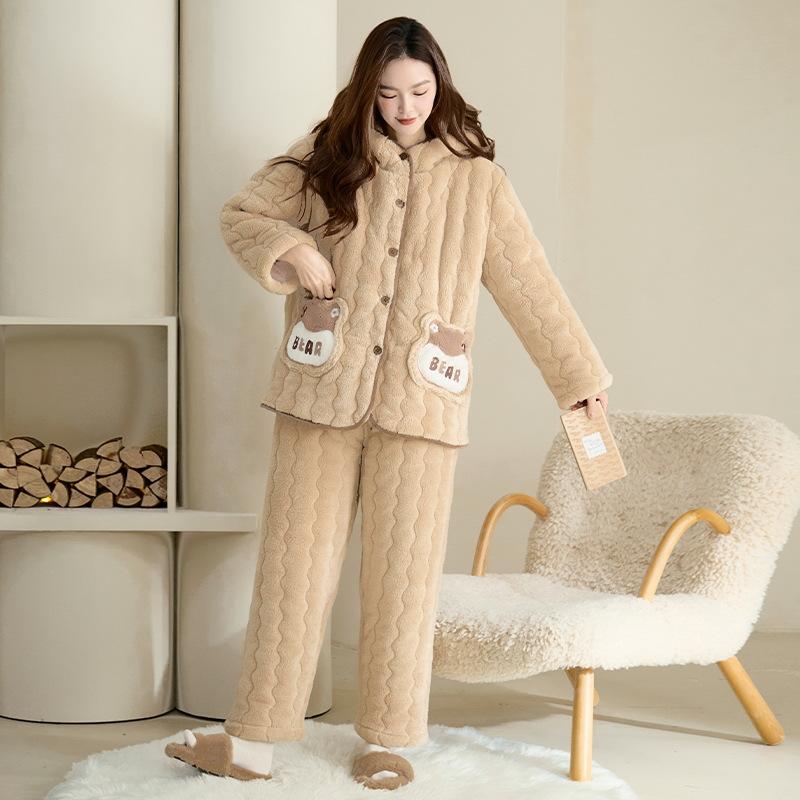 Winter three-layer padded coral fleece pajamas women's winter thickened hooded warm flannel cartoon loungewear women's