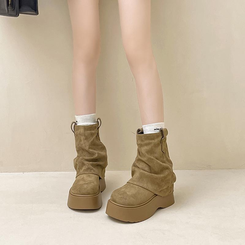 Solid Color Simple Thick-soled Heightening Medium Tube Martin Boots Women's Autumn and Winter Fashion Versatile Suede Small Fashion Boots Short Boots