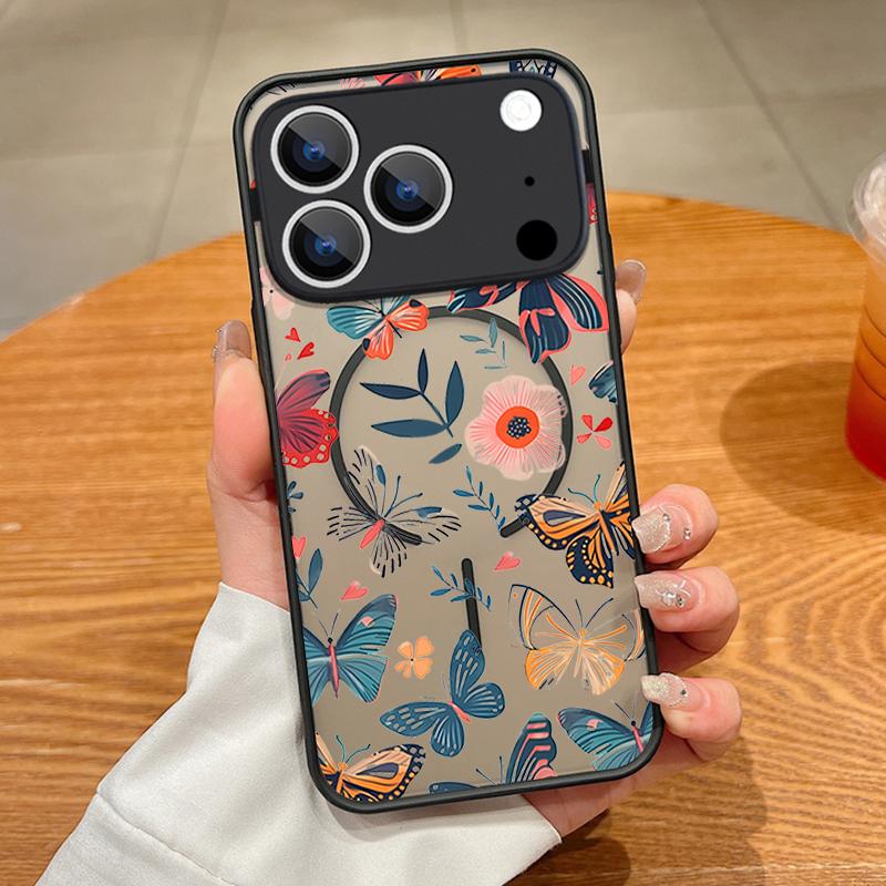 Creative Butterfly Flowers Pattern Case For iPhone 17 Pro Max Magnetic For Magsafe Matte Cover For iPhone 16 Pro Max 15 14 13 16E Air