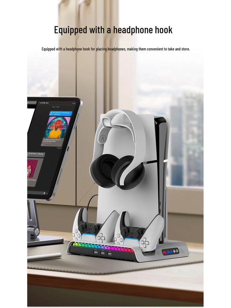 PS5 PRO/Slim RGB Cooling Station: Console Stand, Controller Charger, Disc Storage & Headset Rack