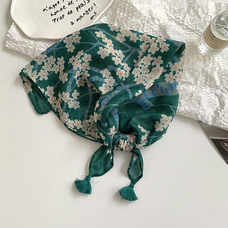 Women's silk scarf square scarf high-end neck protection scarf small fresh decorative floral headscarf hair band fringed hair accessories