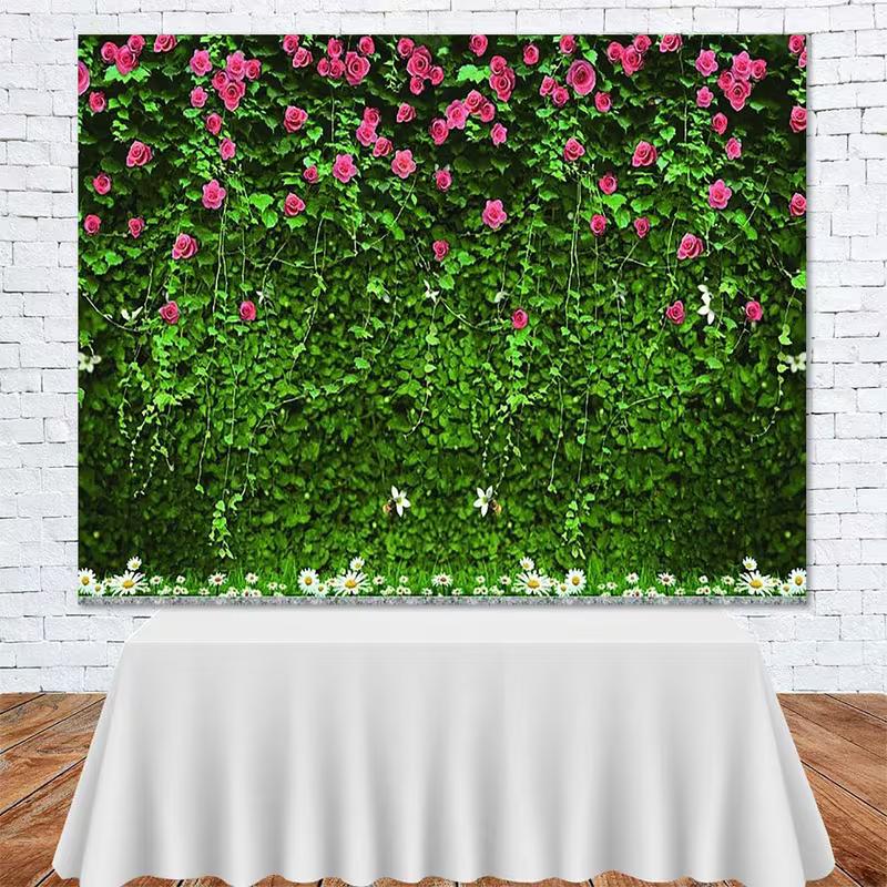 2D Natural Plant Wall with Pink Roses and Daisies Backdrop Photo Background