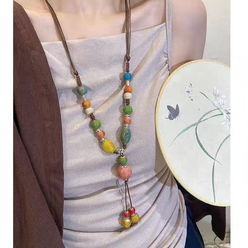 Bohemian Ceramic Pendant Necklace Adjustable Length Handmade Beaded Jewelry for Women Fashion Accessory Lightweight Durable Design