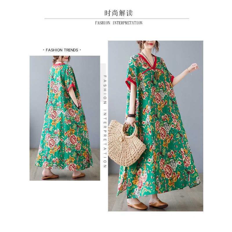 Summer New Printed V-neck Loose Large Size Chinese Style Long Dress Temperament Female