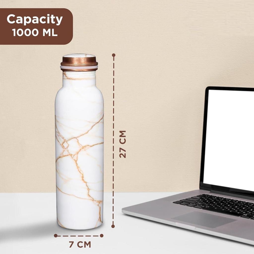 Copper Water Bottle 1 Litre Alkaline and Anti Oxidant 100% Leak Proof, Office, Modern Tamba Bottle  (White Golden Marble)