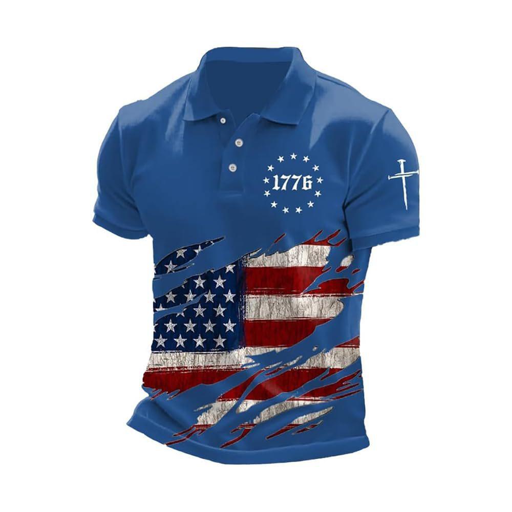 Patriotic 1776 Flag Print Short Sleeve Polo, Stylish Casual Top