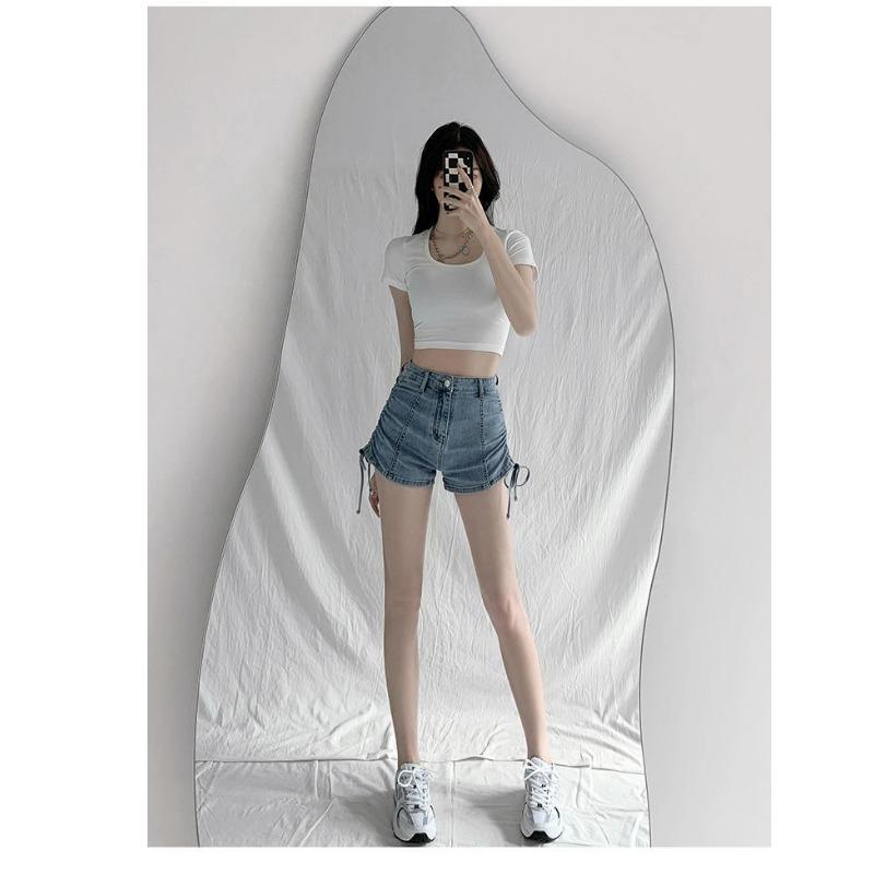 Pantaloni scurți din denim cu șnur pentru femei, design de vară, talie înaltă, elastic, subțiere, strâmți, cu picior lat