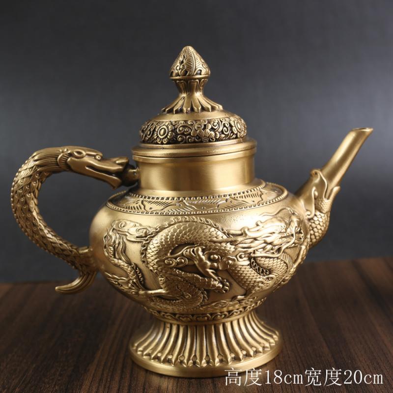 Brass Dragon and Phoenix Teapot Home Craft Metal Ornament Office Desktop Pure Copper Wine Pot Retro Copperware