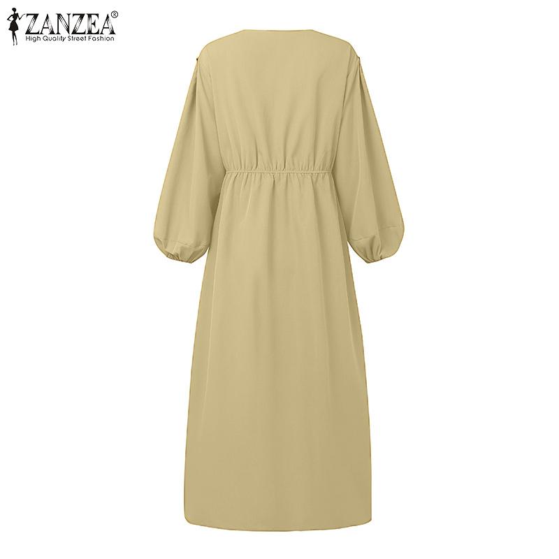 ZANZEA Women Casual V-Neck Loose Long Sleeve Solid Color Dress